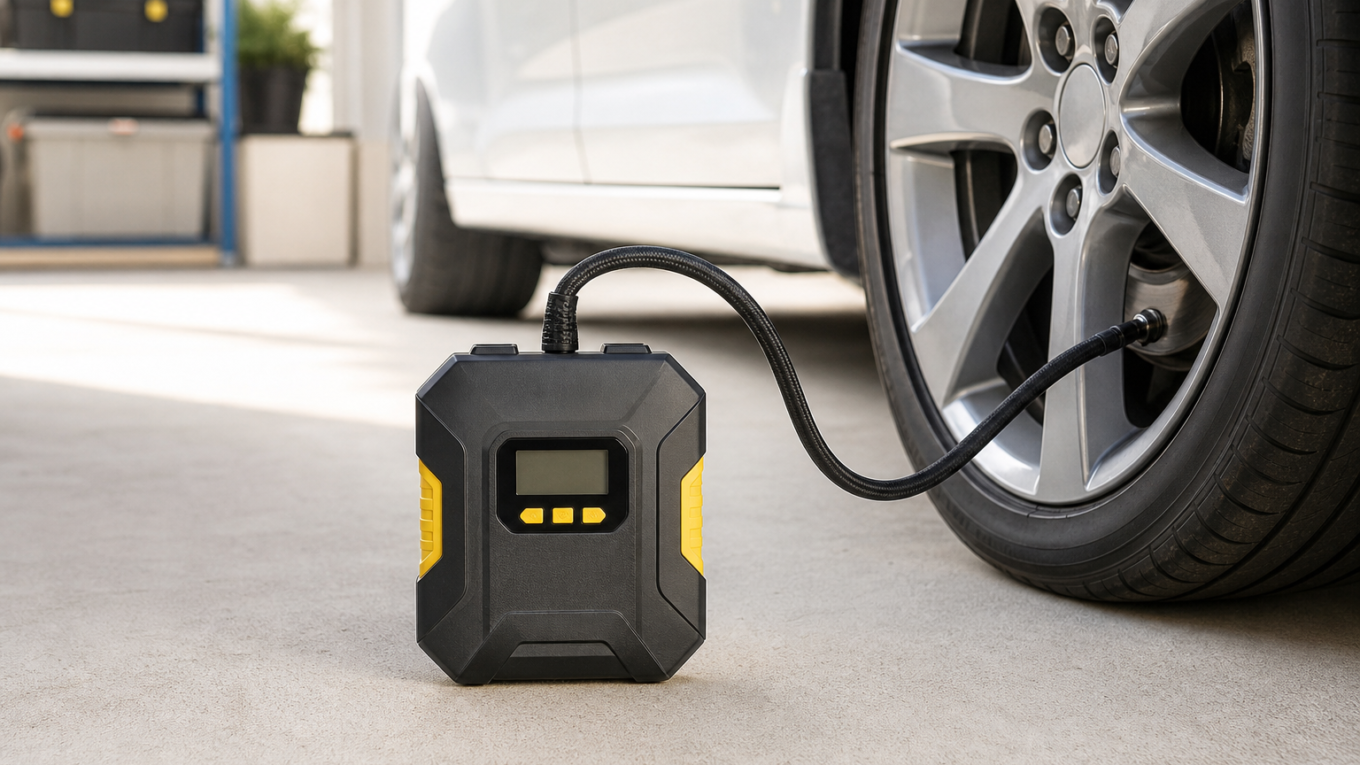 Compressor portátil para carro calibrando pneu em garagem
