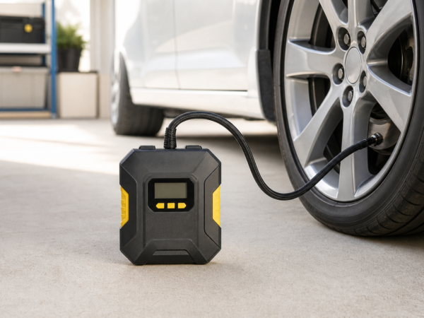 Compressor portátil para carro calibrando pneu em garagem